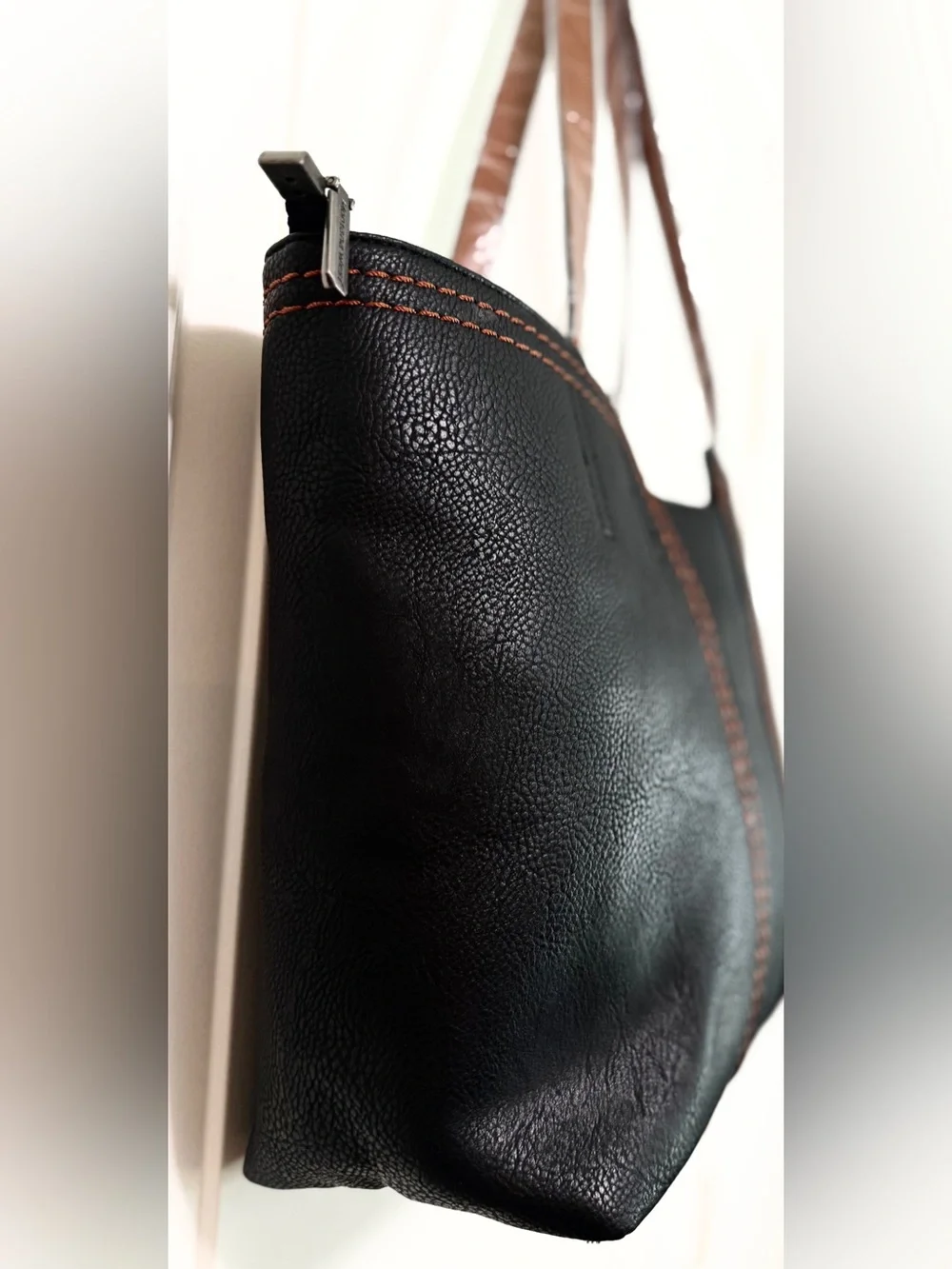 Montana West Black Tote Shoulder Bag Contrast Stitch Vegan Leather Zip Top - Picture 11 of 16